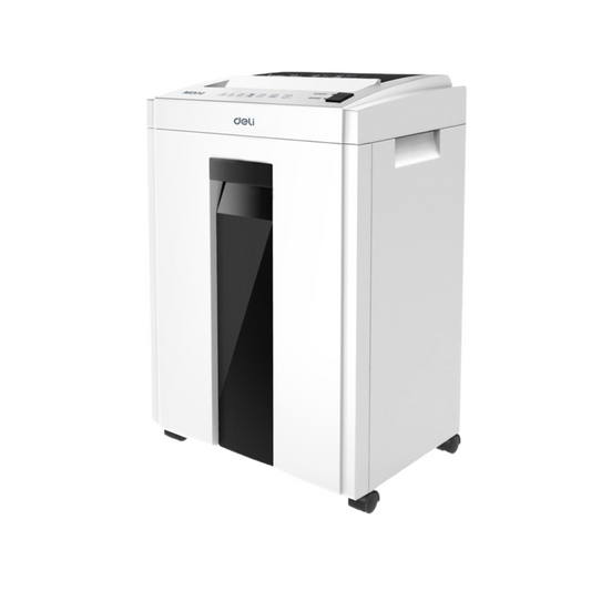 Front view of DELI ET053 Paper Shredder with sleek white design and compact size for office and home use.