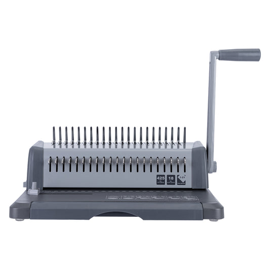 Gray manual comb binding machine on a white background Deli E3873 Comb Binding Machine