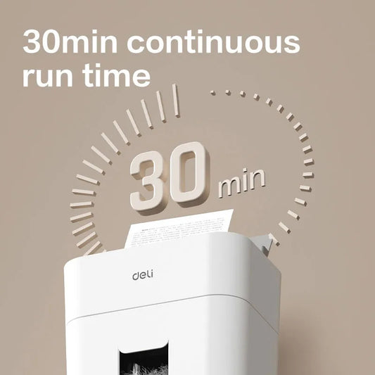 A white Deli paper shredder shown against a warm beige background with promotional text reading '30min continuous run time' and a large '30 min' graphic above it. Deli ET090 Paper Shredder Sonyoba Marketing