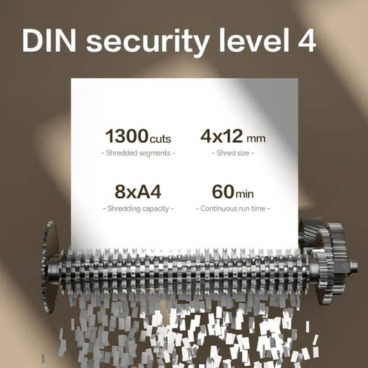 A shredding machine graphic with the text 'DIN security level 4' at the top. The white sheet in the center shows shredded fragments falling through a metallic horizontal shredder, with text listing specifications: 1300 cuts, 4x12 mm shred size, 8xA4 capacity, and 60 min continuous run time.