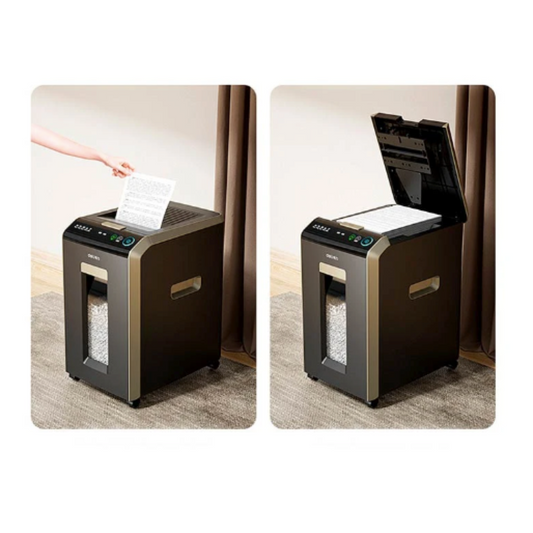 Two views of a paper shredder with documents being shredded. Deli T090 Auto-feed Paper Shredder (18L)