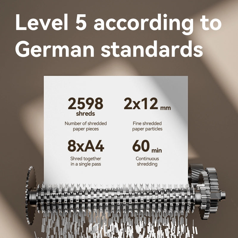 Shredder with specifications labeled according to German standards on a brown background DELI T094 Paper Shredder