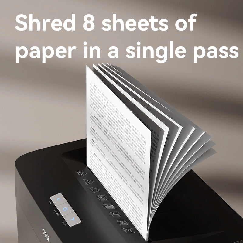 Paper shredder with text 'Shred 8 sheets of paper in a single pass' on a neutral background DELI T094 Paper Shredder