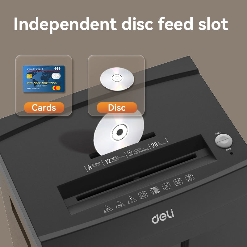 Shredder with an independent disc feed slot featuring a card and a disc on top. Deli ET095 Paper Shredder