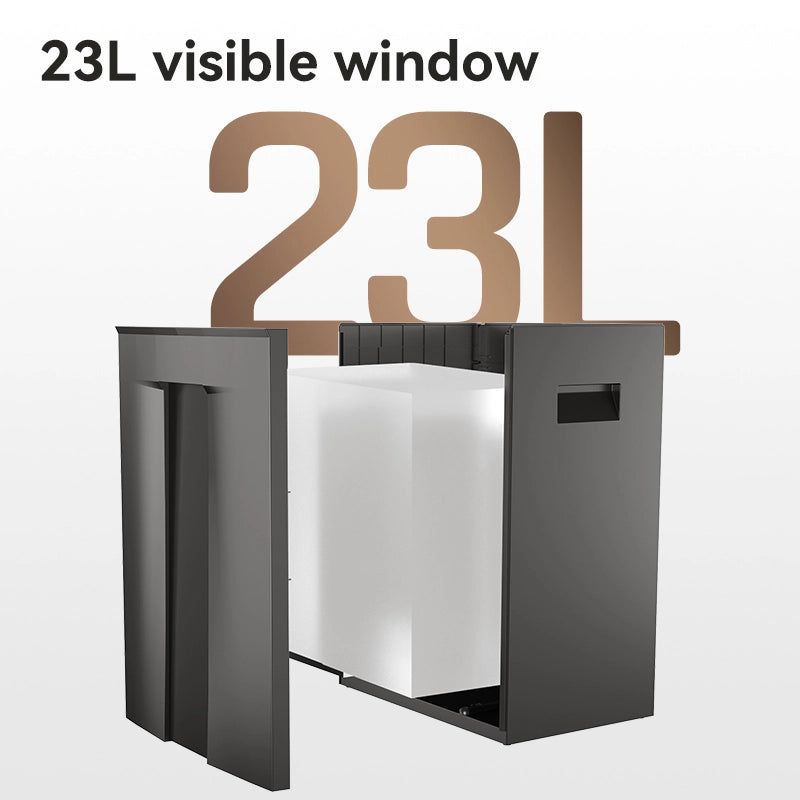 Black trash bin with '23L visible window' text on a white background Deli ET095 Paper Shredder