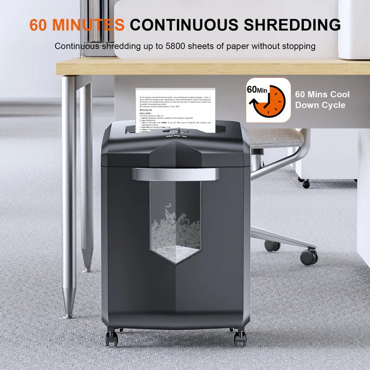 Paper shredder with text highlighting continuous shredding capacity and cool down cycle in an office setting. Businessential Bonsaii C149-C 
