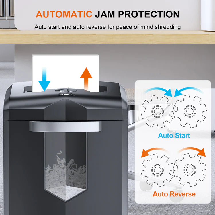 Shredder with automatic jam protection feature on a desk. Businessential Bonsaii C149-C 