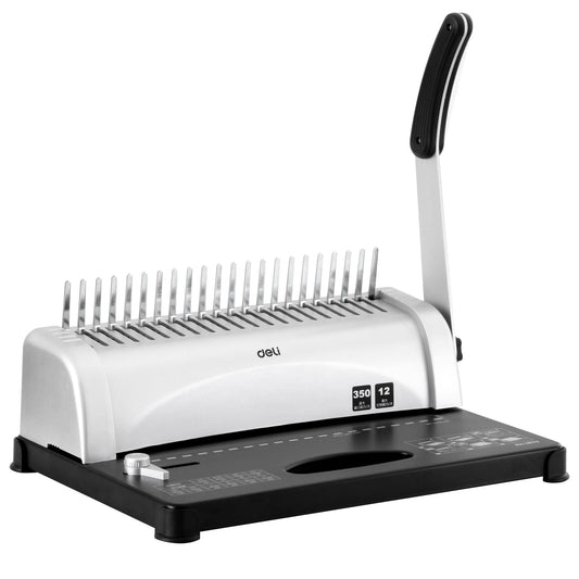 White and black binding machine with metal comb on a white background Deli E3870 Comb Binding Machine