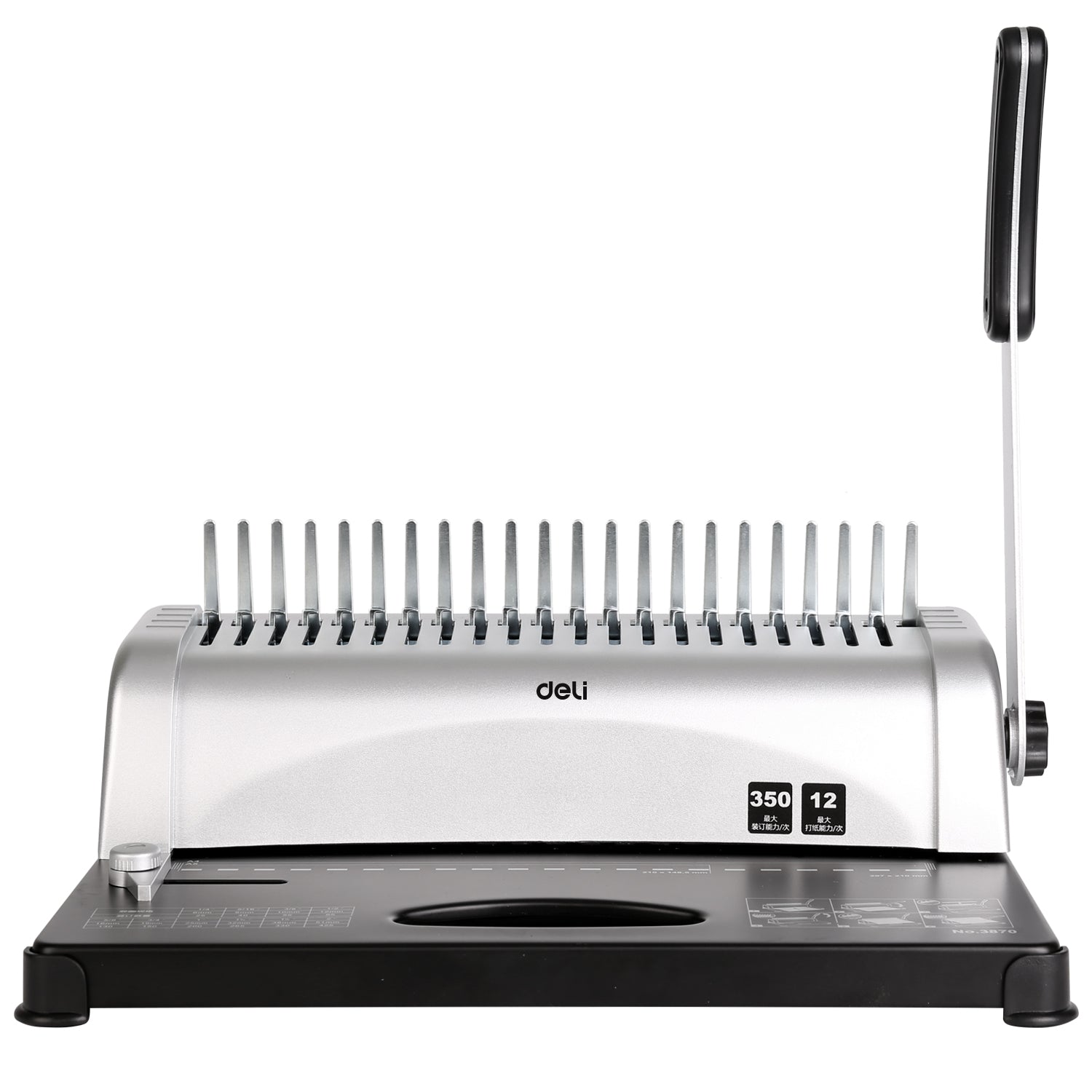 Metal binding machine with a handle on a white background Deli E3870 Comb Binding Machine