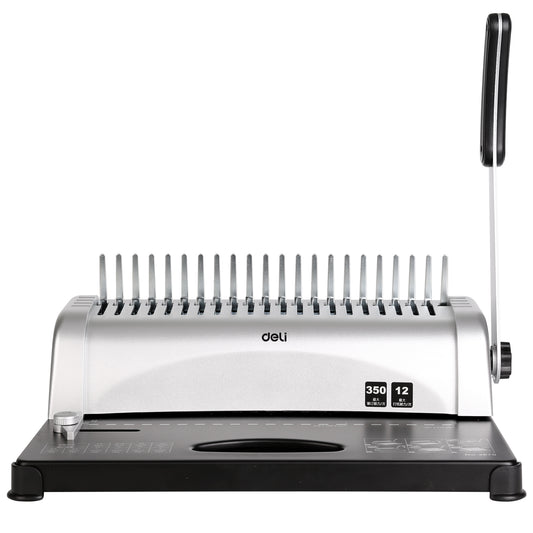Metal binding machine with a handle on a white background Deli E3870 Comb Binding Machine