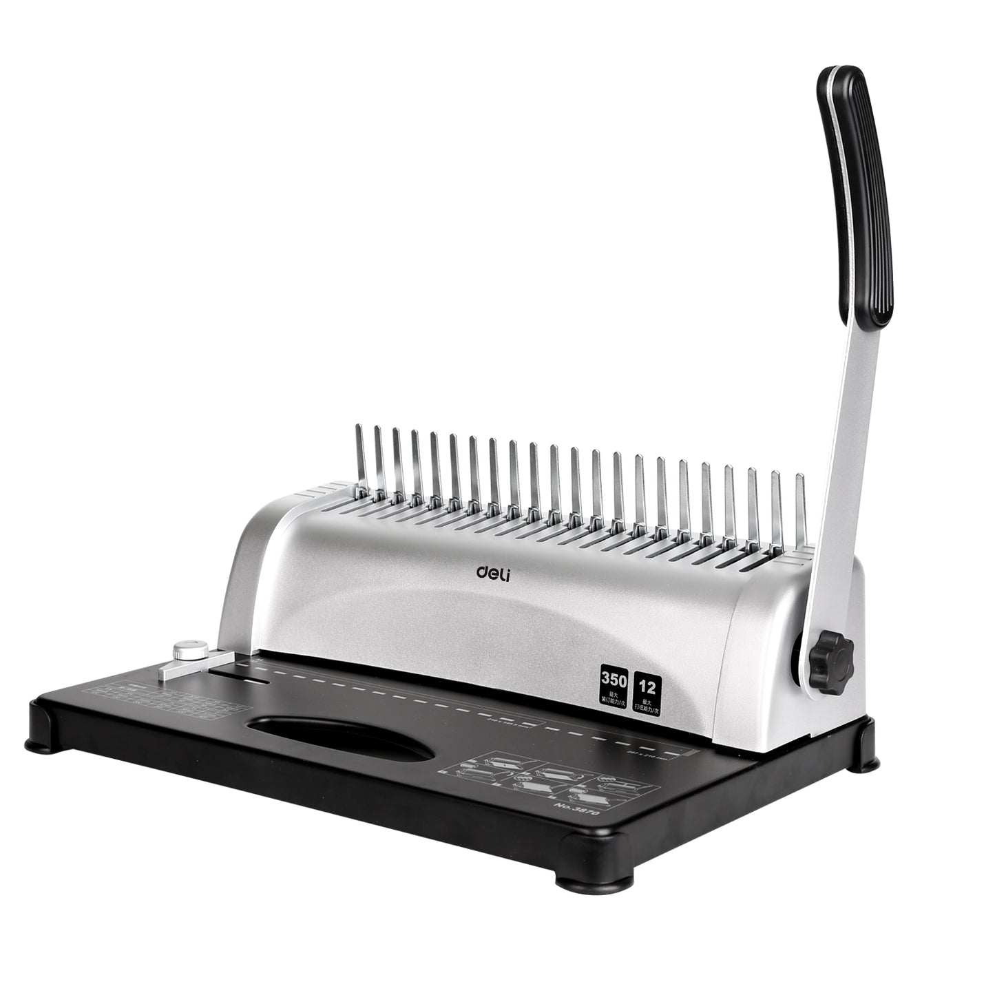 Metal binding machine with comb teeth on a white background Deli E3870 Comb Binding Machine