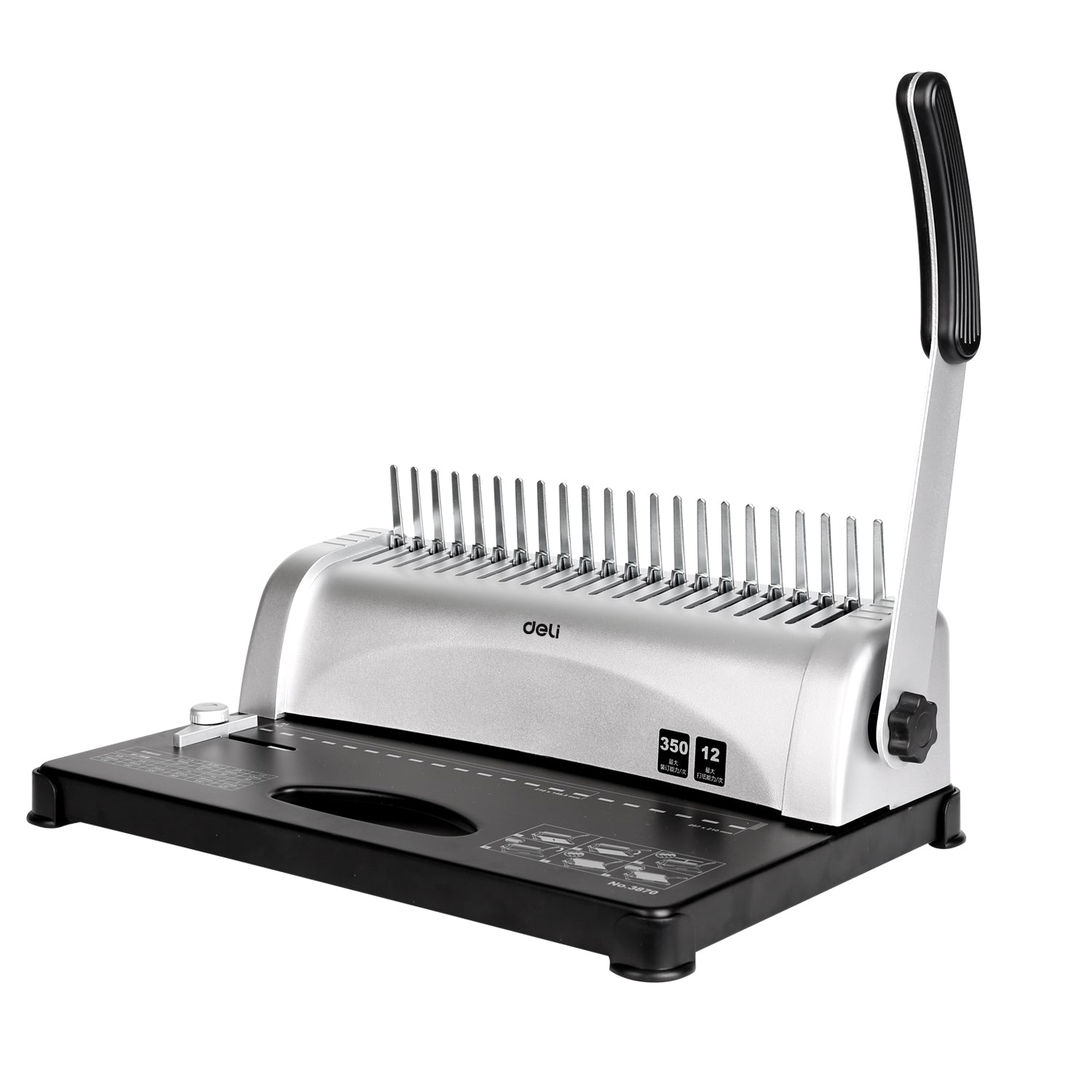 Metal binding machine with comb teeth on a white background Deli E3870 Comb Binding Machine