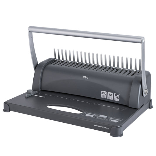 Gray binding machine with comb on a white background Deli E3871 Comb Binding Machine