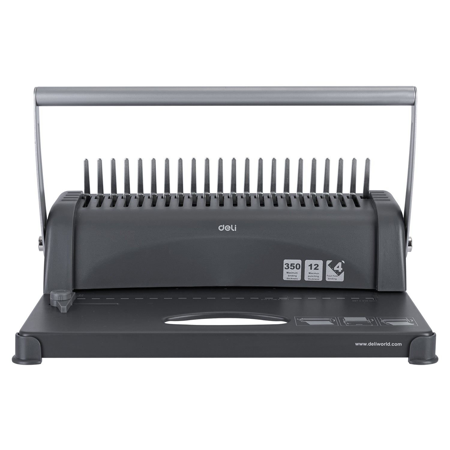 Black Deli paper binding machine on a white background Deli E3871 Comb Binding Machine