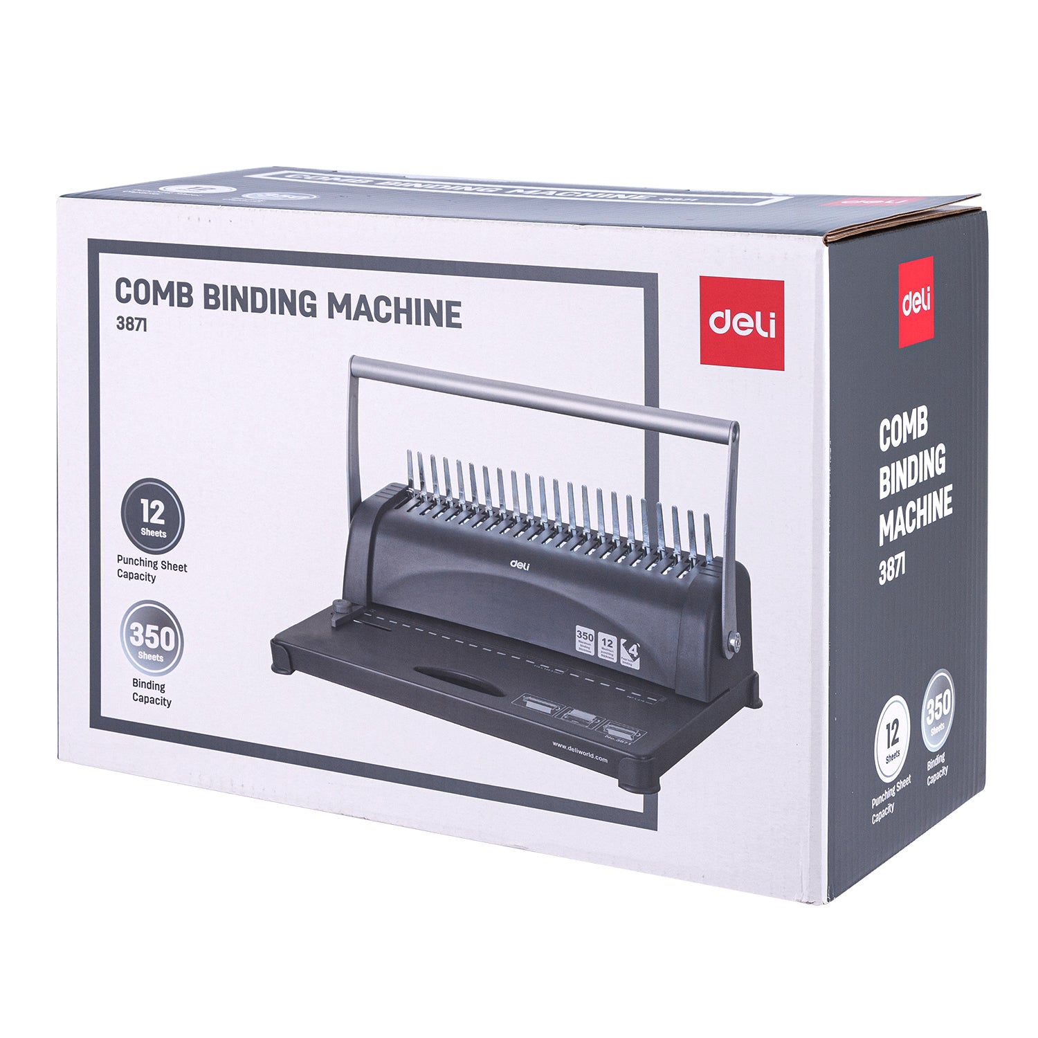 Box of Deli comb binding machine on a white background Deli E3871 Comb Binding Machine