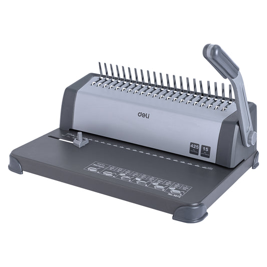 Gray Deli comb binding machine on a white background Deli E3872 Comb Binding Machine