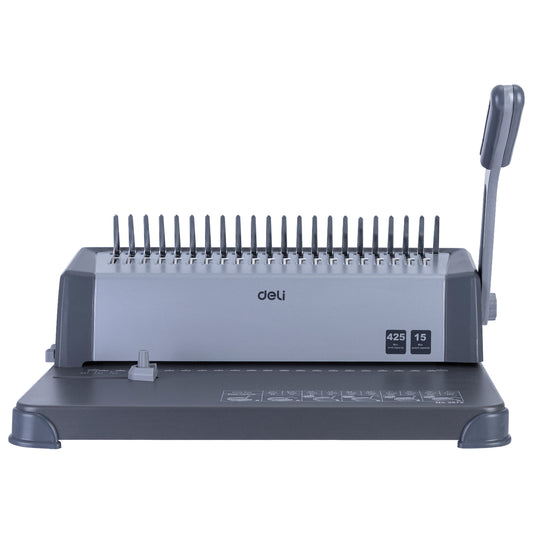 Gray Deli paper binding machine on a white background Deli E3872 Comb Binding Machine