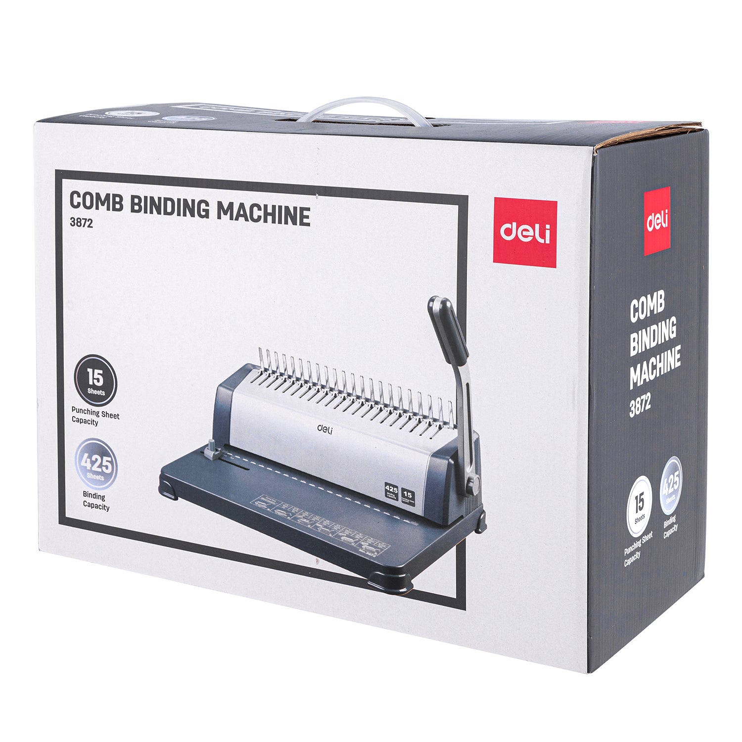 Deli comb binding machine packaging on a white background Deli E3872 Comb Binding Machine