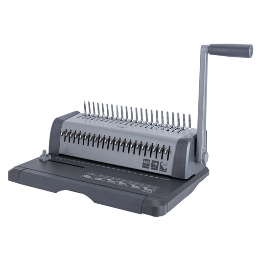 Gray manual comb binding machine on a white background Deli E3873 Comb Binding Machine