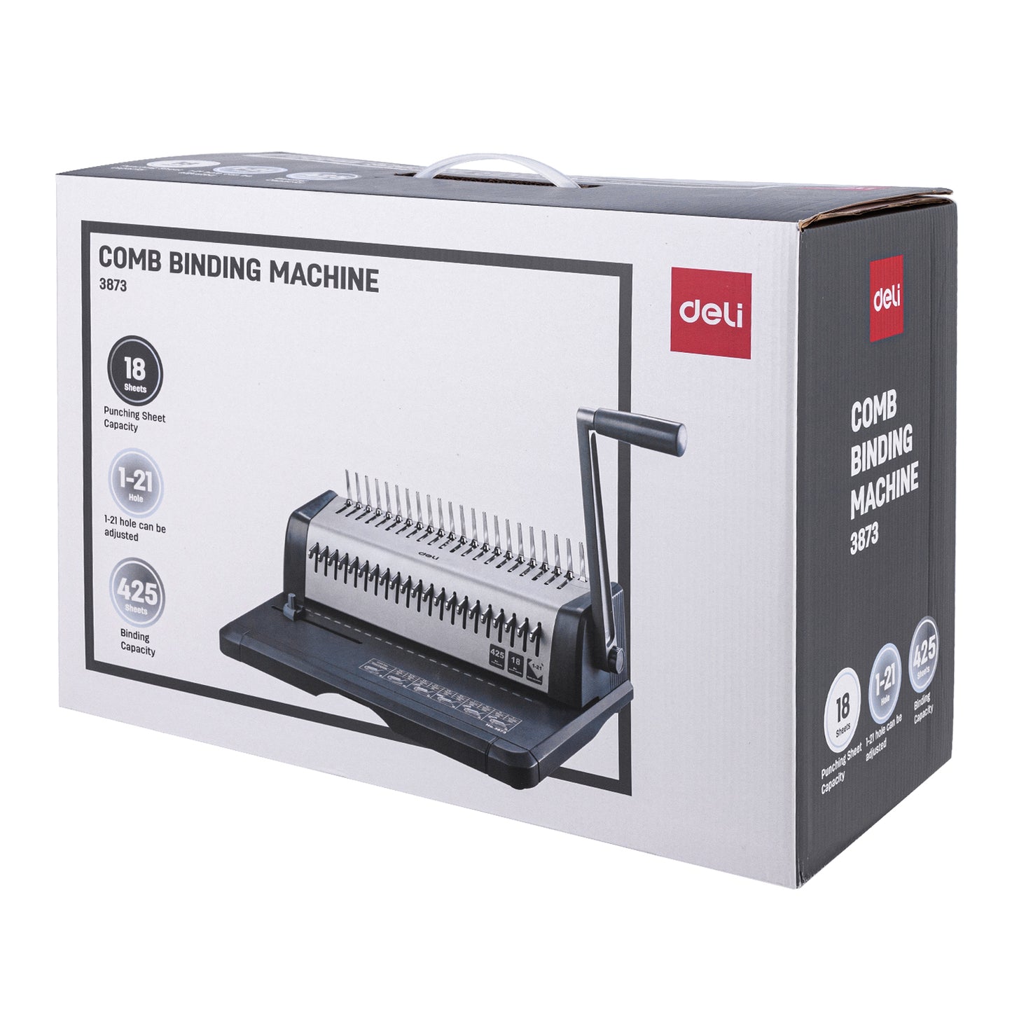 Boxed Deli comb binding machine on a white background Deli E3873 Comb Binding Machine