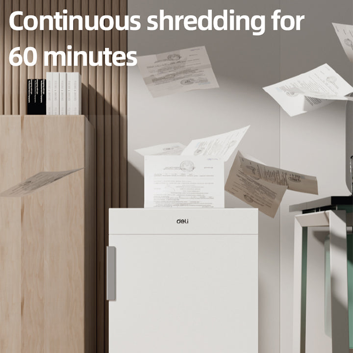 Shredder in action with shredded paper flying out, text 'Continuous shredding for 60 minutes' above.