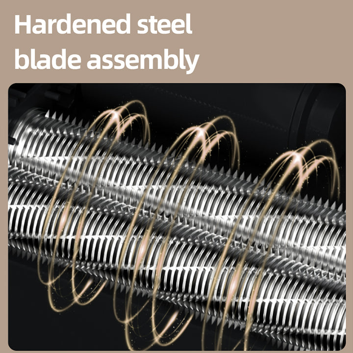 Hardened steel blade assembly with hair removal sparks on a dark background