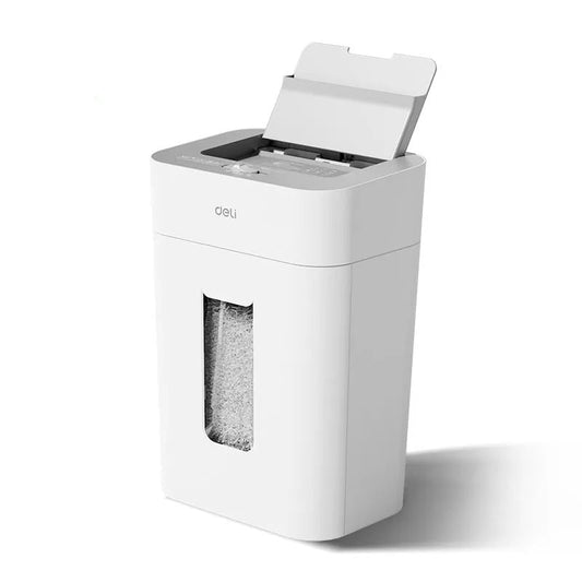 A white Deli paper shredder with the lid open, shown on a clean white background with a red Deli logo in the top-left corner. Deli ET090 Paper Shredder Sonyoba Marketing