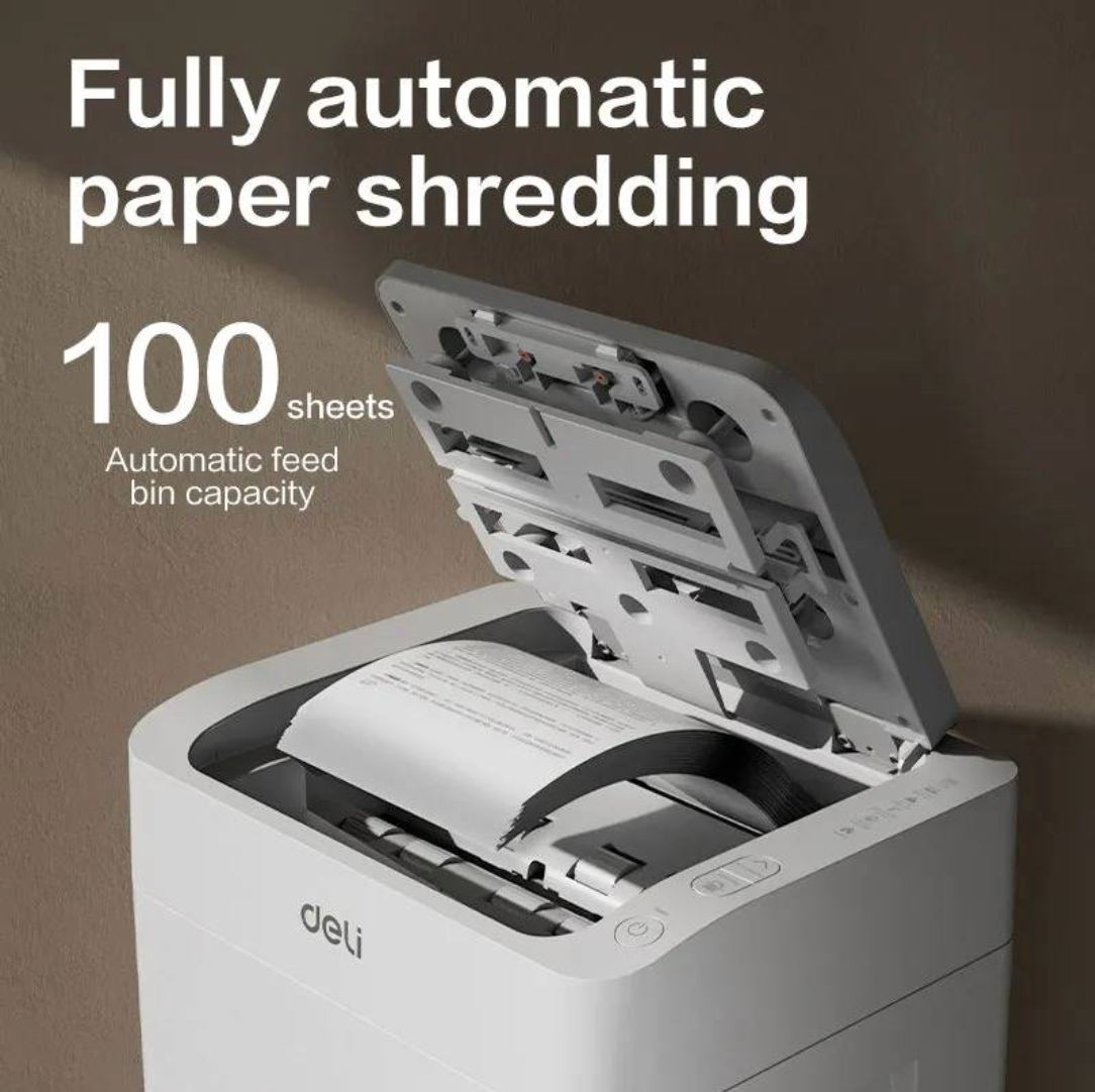 A white Deli automatic paper shredder with its lid open, showing a document being fed through. Large text on the image highlights 'Fully automatic paper shredding' and '100 sheets Automatic feed bin capacity'.