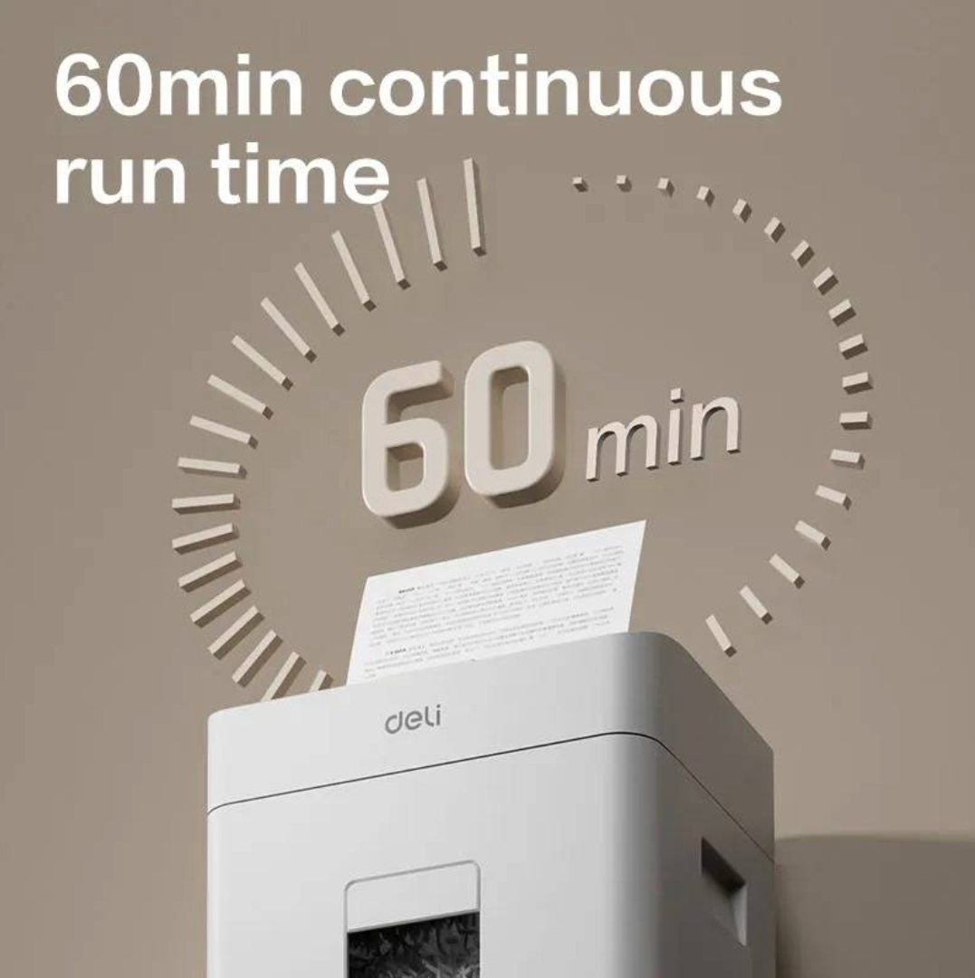 A Deli office machine shown against a warm beige wall with large text reading '60min continuous run time' and a circular '60 min' graphic behind it.
