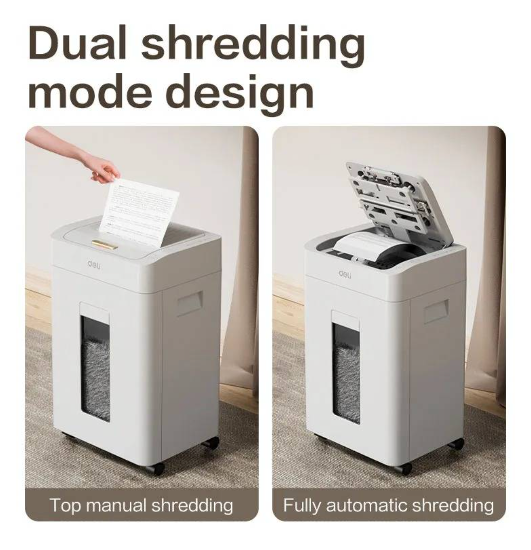 Two-panel comparison showing a white paper shredder in a home setting, with text reading 'Dual shredding mode design.' The left panel shows a hand inserting a document for top manual shredding, and the right panel shows the lid open for fully automatic shredding.