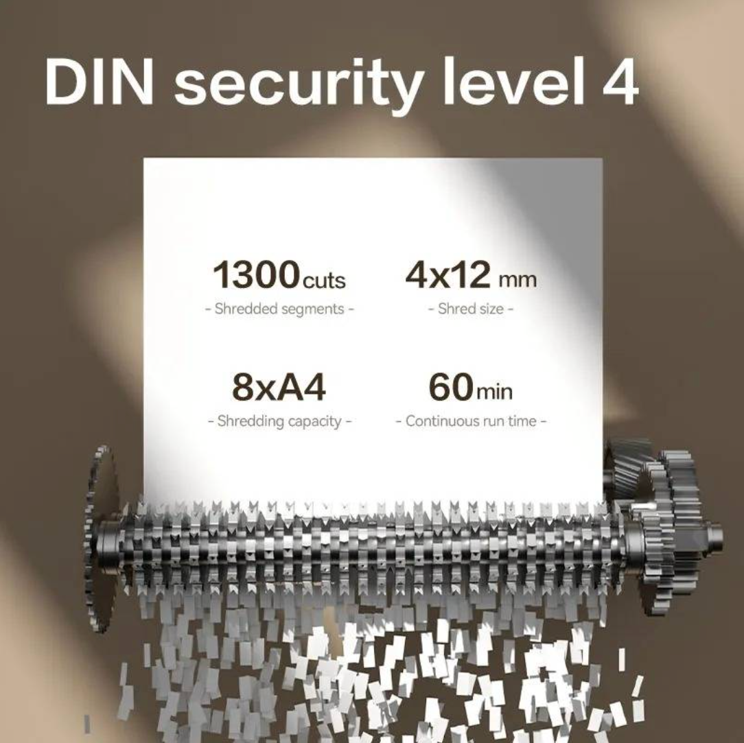 A shredding machine graphic with the text 'DIN security level 4' at the top. The white sheet in the center shows shredded fragments falling through a metallic horizontal shredder, with text listing specifications: 1300 cuts, 4x12 mm shred size, 8xA4 capacity, and 60 min continuous run time.