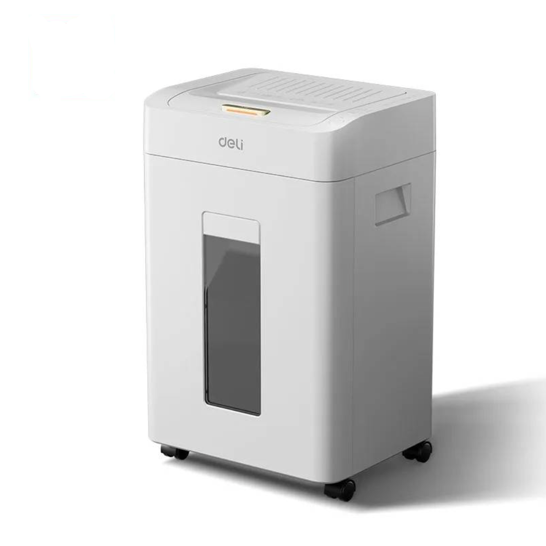 A white Deli paper shredder with a transparent window on the front, black caster wheels, and a red Deli logo in the top-left corner, set against a clean white background.