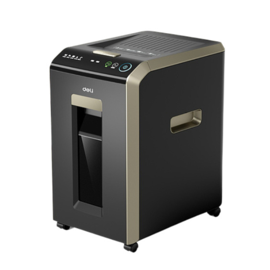 Black and gold paper shredder on a white background Deli T080 Auto-Feed Paper Shredder (20L)