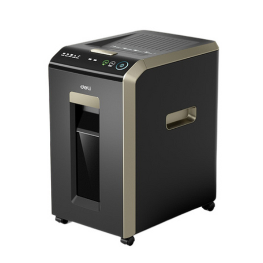 Black and gold paper shredder on a white background Deli T080 Auto-Feed Paper Shredder (20L)