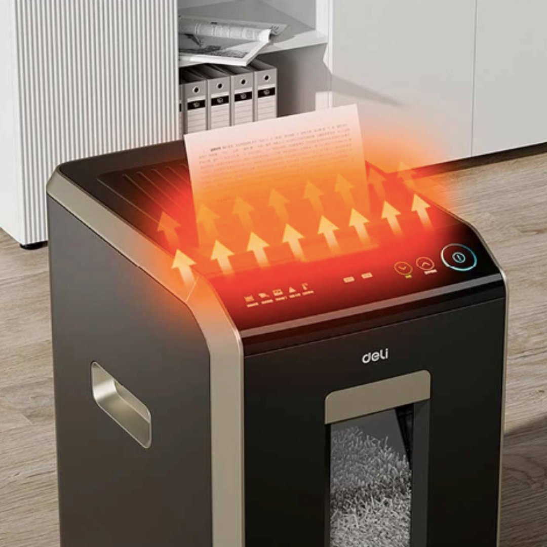 Shredder with paper being shredded in an office setting Deli T080 Auto-Feed Paper Shredder (20L)