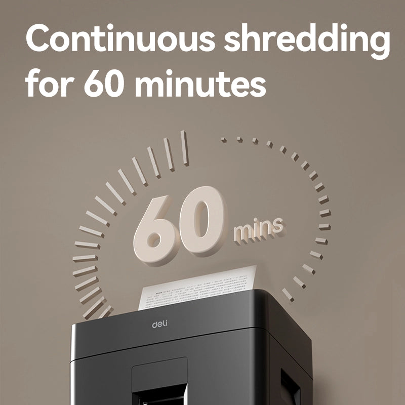 Shredder with '60 mins' display on a brown background DELI T094 Paper Shredder