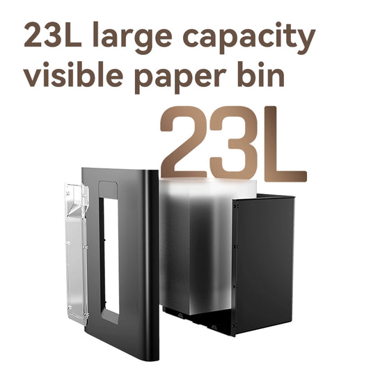 Black paper bin with '23L large capacity visible paper bin' text on a white background DELI T094 Paper Shredder