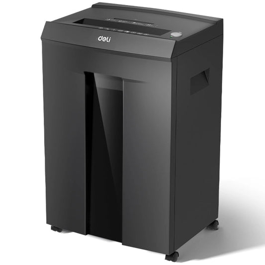 Deli paper shredder on a white background with Deli logo. Deli ET095 Paper Shredder