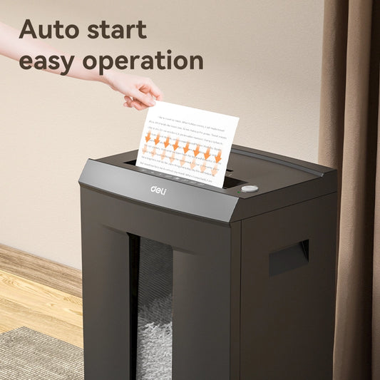 Shredder with a hand placing paper into it, labeled 'Auto start easy operation'. Deli ET095 Paper Shredder