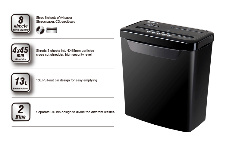 This Comix S340 Paper Shredder can shred 8 sheets of paper at a time. Cut size is 4x45mm cross cut. It also has 13L of bin and has a pull-out bin design.