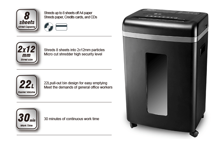 This Comix S3508D Heavy Duty Paper Shredder can feed 8 sheets of paper at a time. Cut size is 2x12mm, micro cut shredder. It has a 22L pull-out bin design. The duty cycle of this paper shredder is 30 minutes of continuous work time.